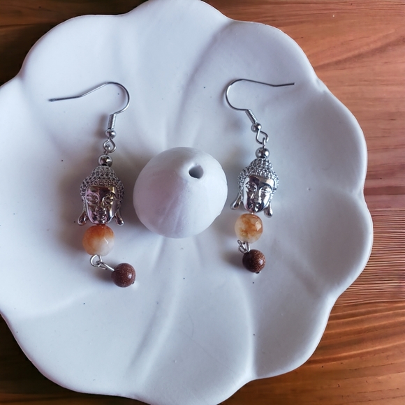 Faceted Carnelian & Goldstone Buddha Handcrafted Earrings - Picture 4 of 8